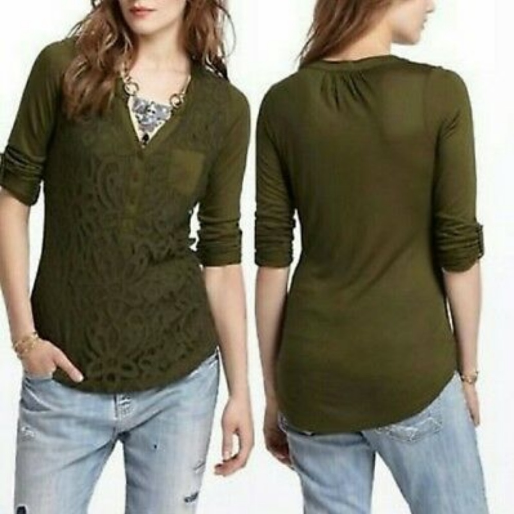 Vanessa Virginia Olive Green Lace Henley Shirt